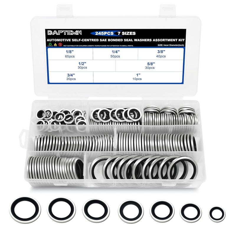 Daptemn 245 PCS SAE Bonded Sealing Washers Assortment Kit, 7 Size NBR Zinc-Plated Steel Self-Centred Sealing Rubber Washers, Automotive Seal Gasket Crush Washers Set, Includes Sizes of 1/8" - 1" - Image 1